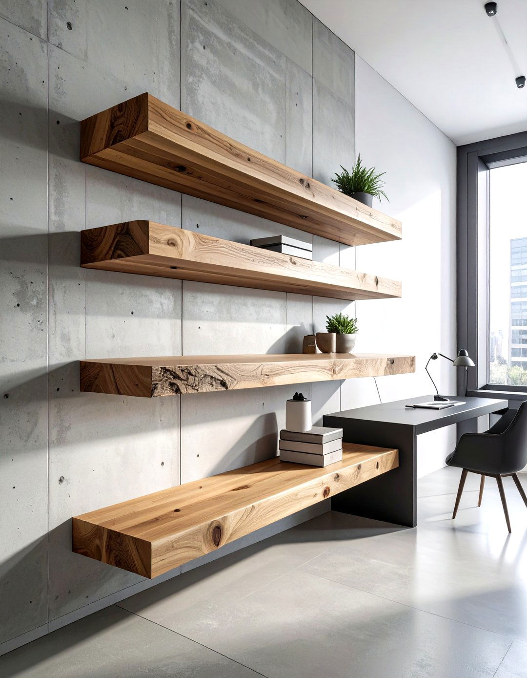 Floating Wood Beam Shelf - 30 office bookshelf ideas