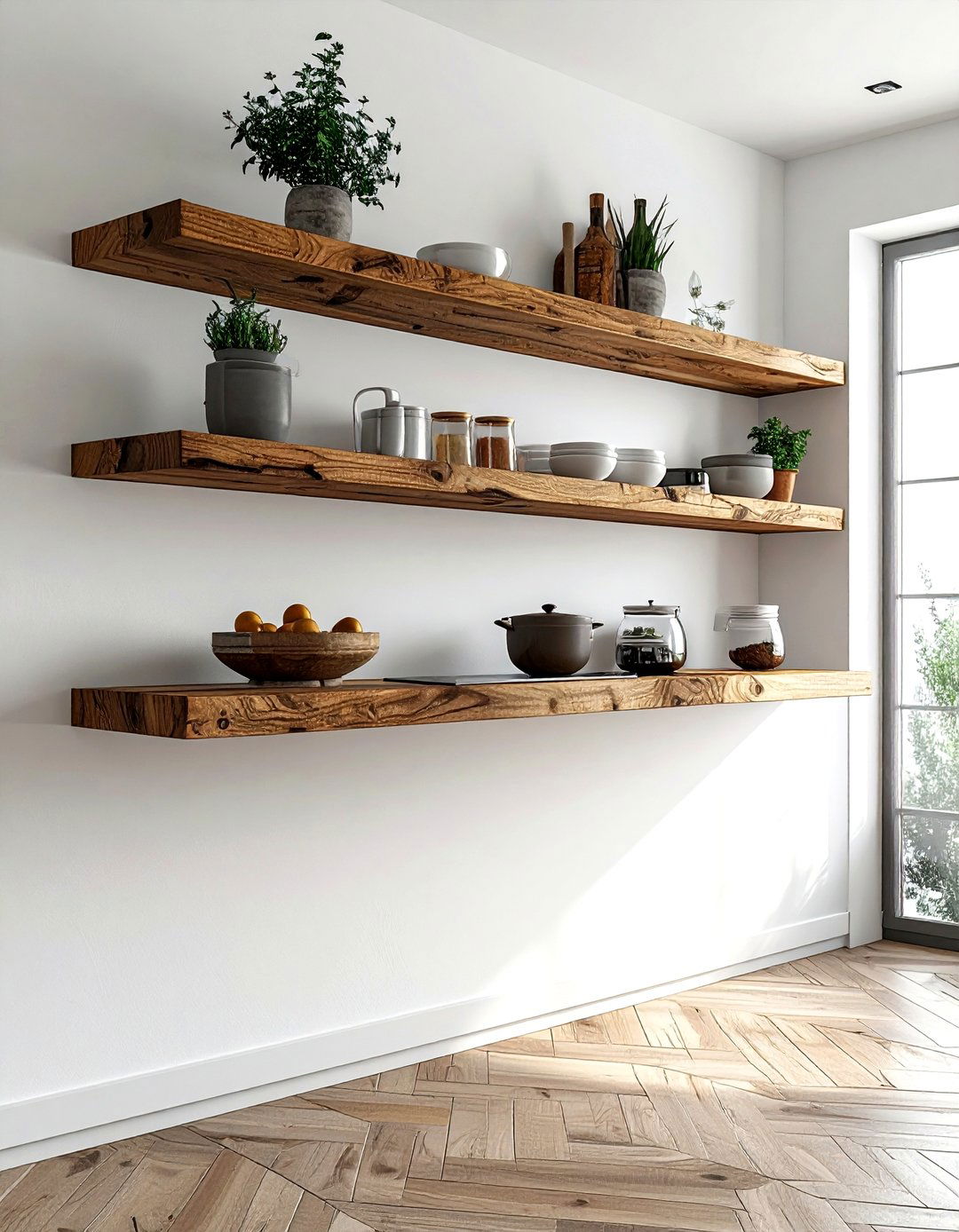 Floating Wood Kitchen Shelf - 30 peaceful kitchen ideas