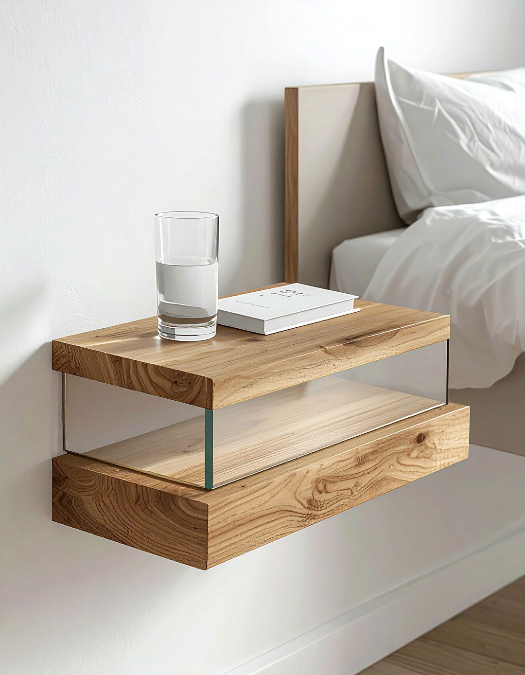 Floating Wood Nightstand Shelf - 30 soft minimalist bedroom ideas