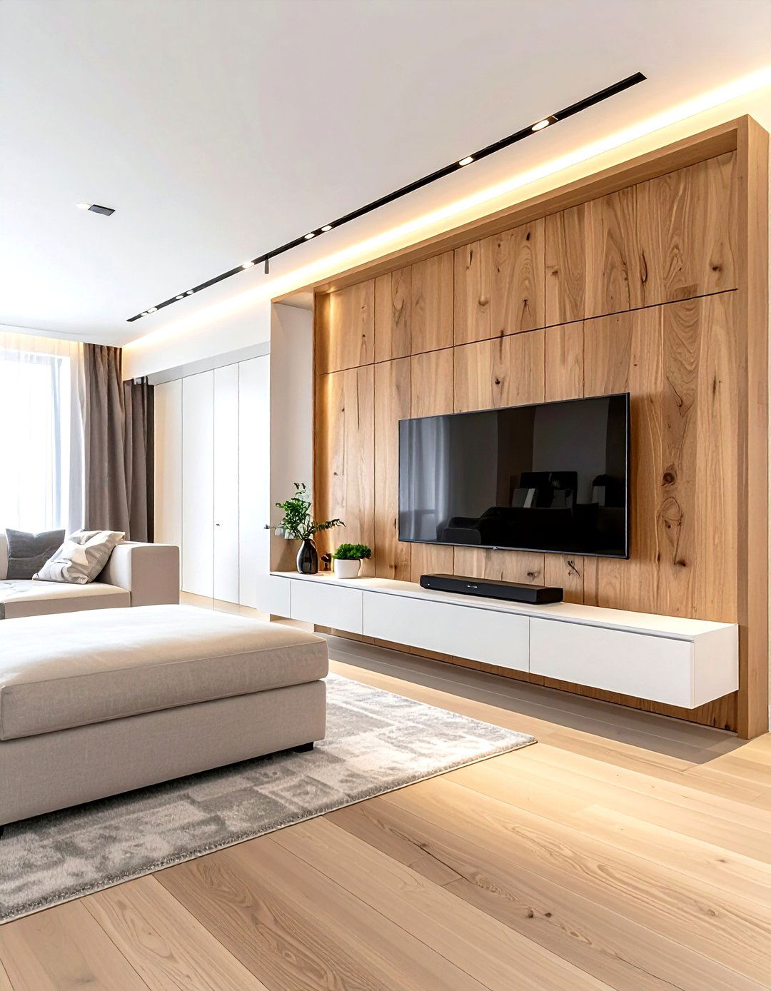 Floating Wood Panel Built In With TV Mount - 30 living room built-in entertainment center