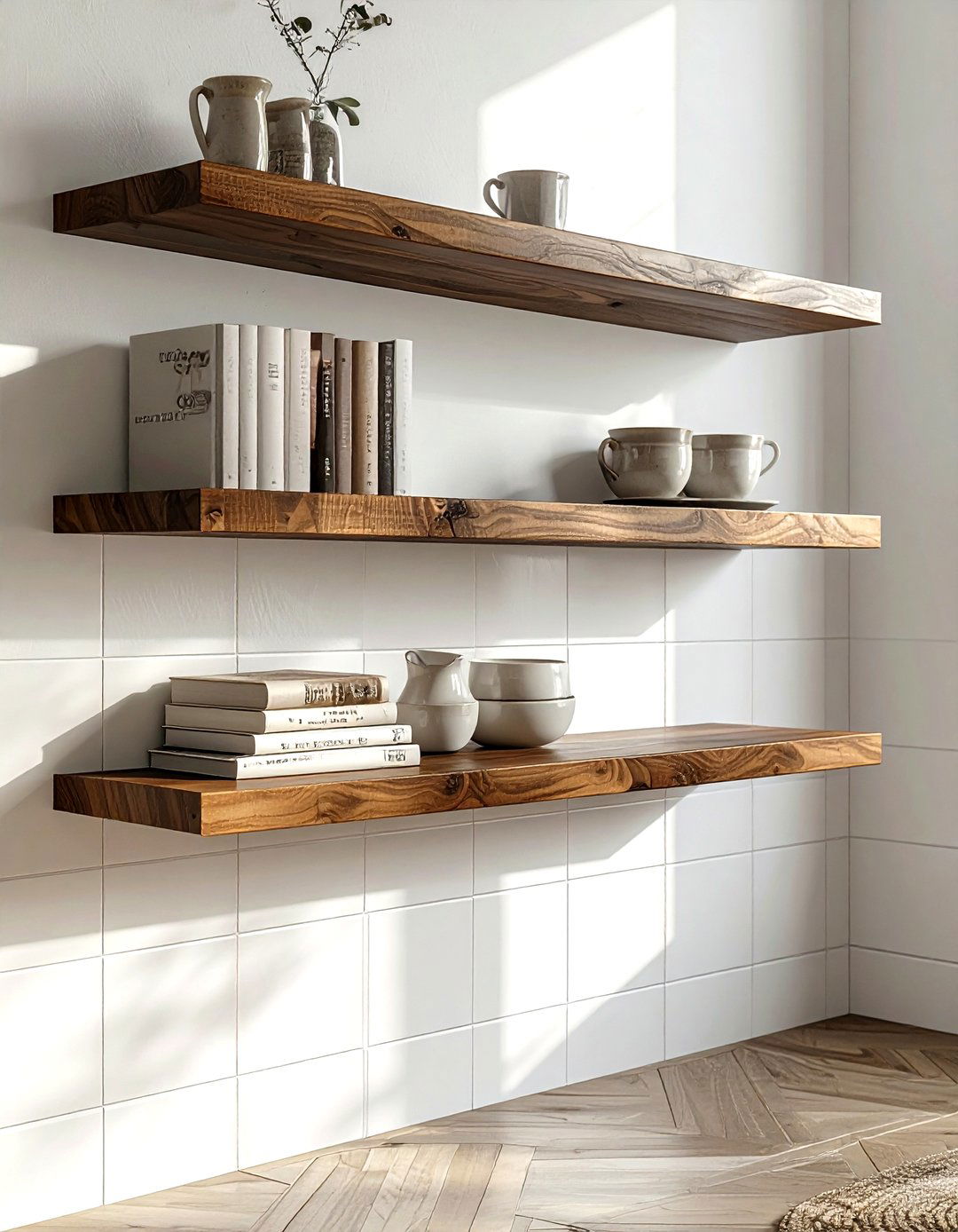 Floating Wood Shelf - 30 kitchen wall storage ideas