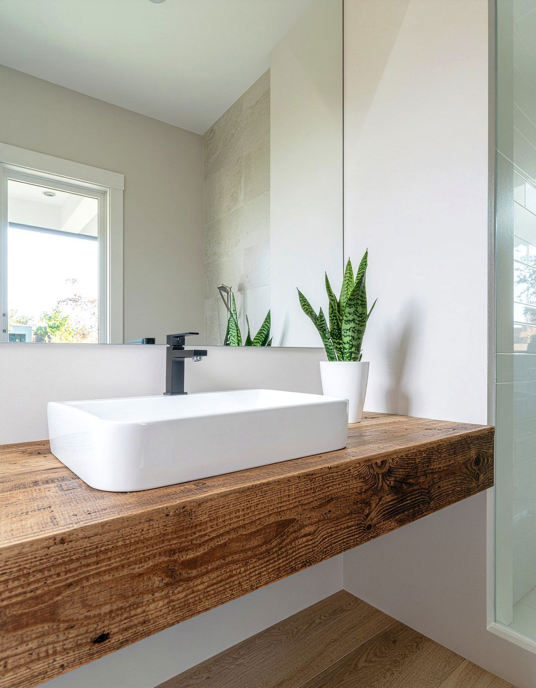 Floating Wood Shelf - 30 bathroom planter ideas
