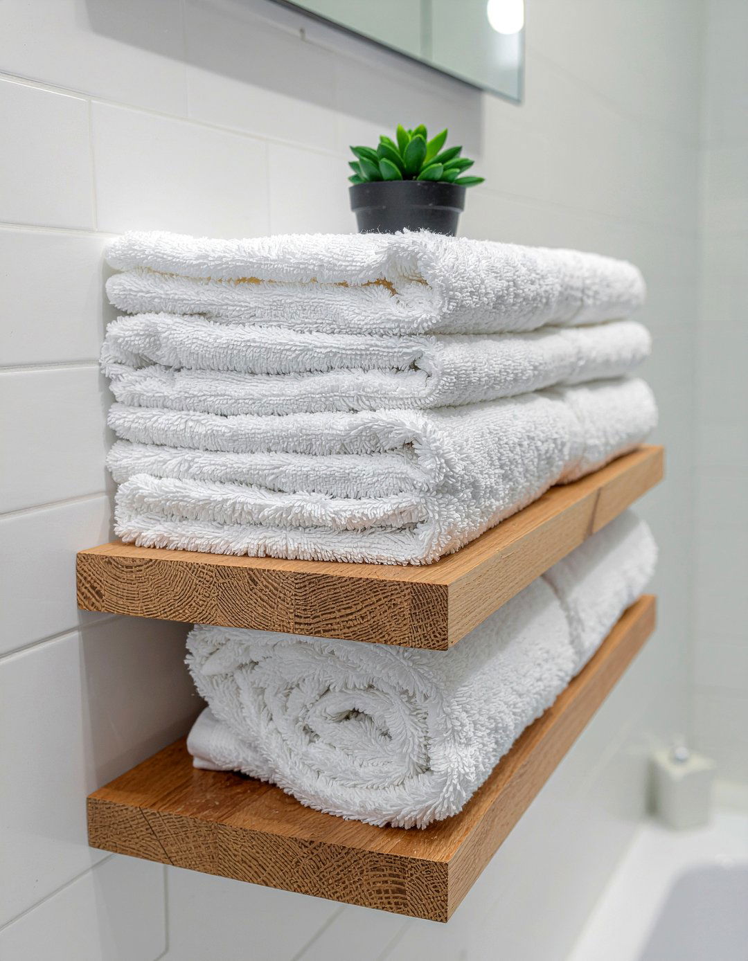 Floating Wood Shelf Organization - 30 rolled towel display ideas