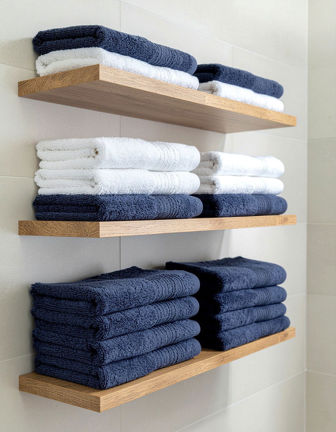 Floating Wood Shelf Towels - 30 bathroom towel styling ideas