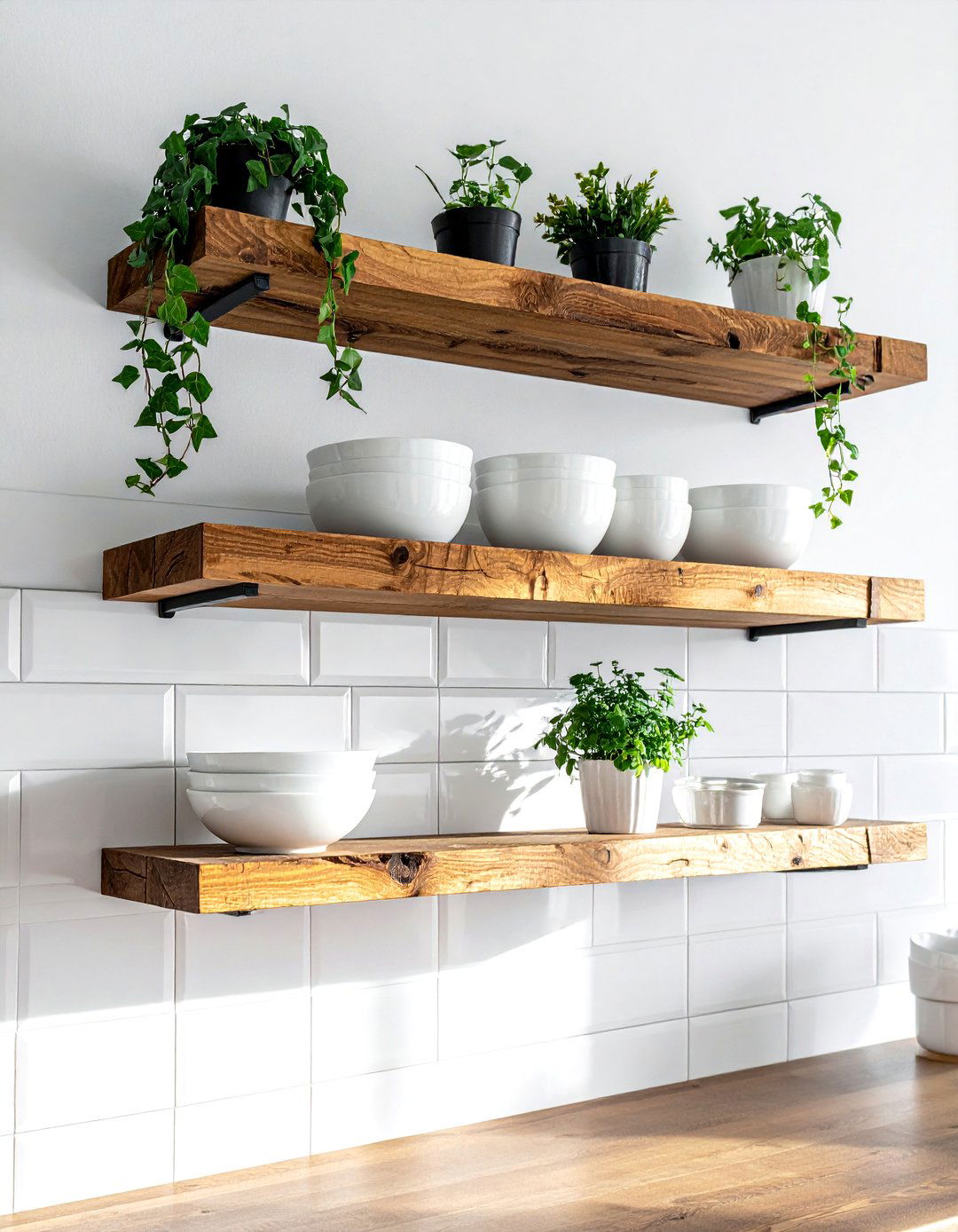 Floating Wood Shelves - 30 tropical kitchen ideas