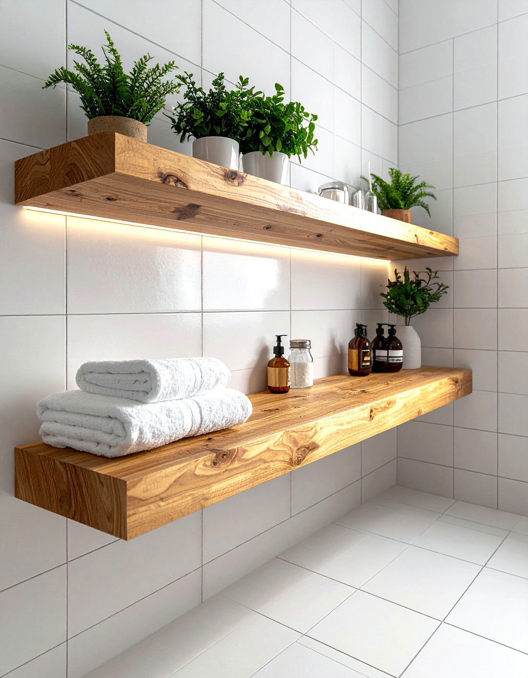 Floating Wood Shelves - 30 bathroom warmth ideas