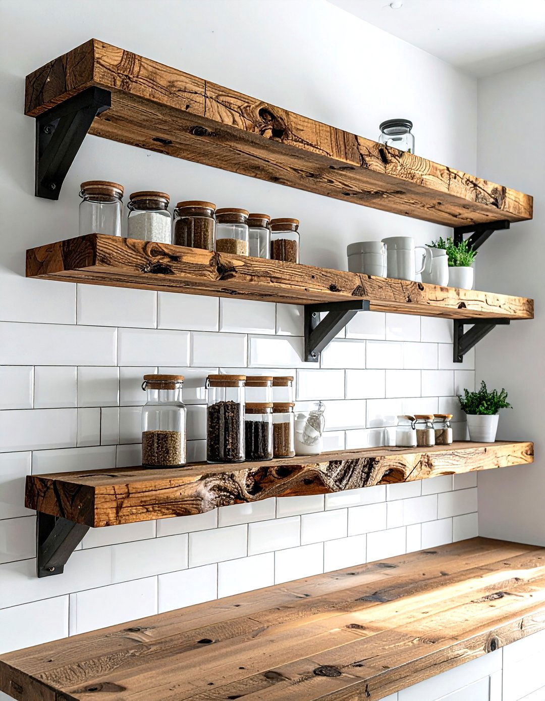 Floating Wood Shelves - 30 kitchen overhead storage ideas