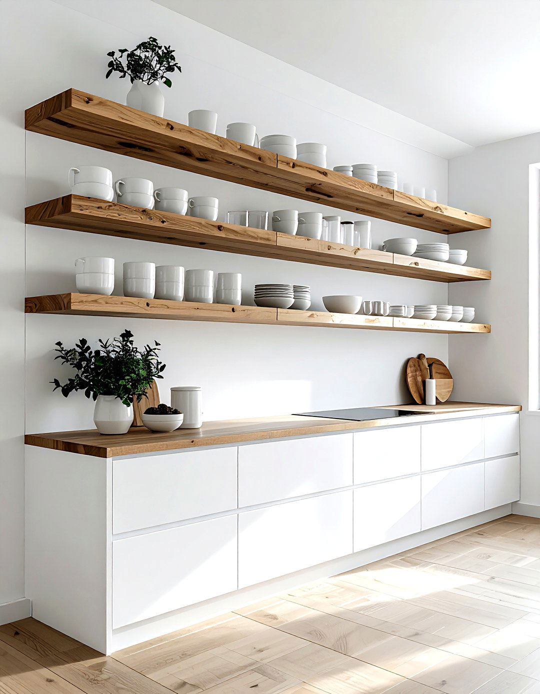 Floating Wood Shelves - 30 kitchen workstation ideas