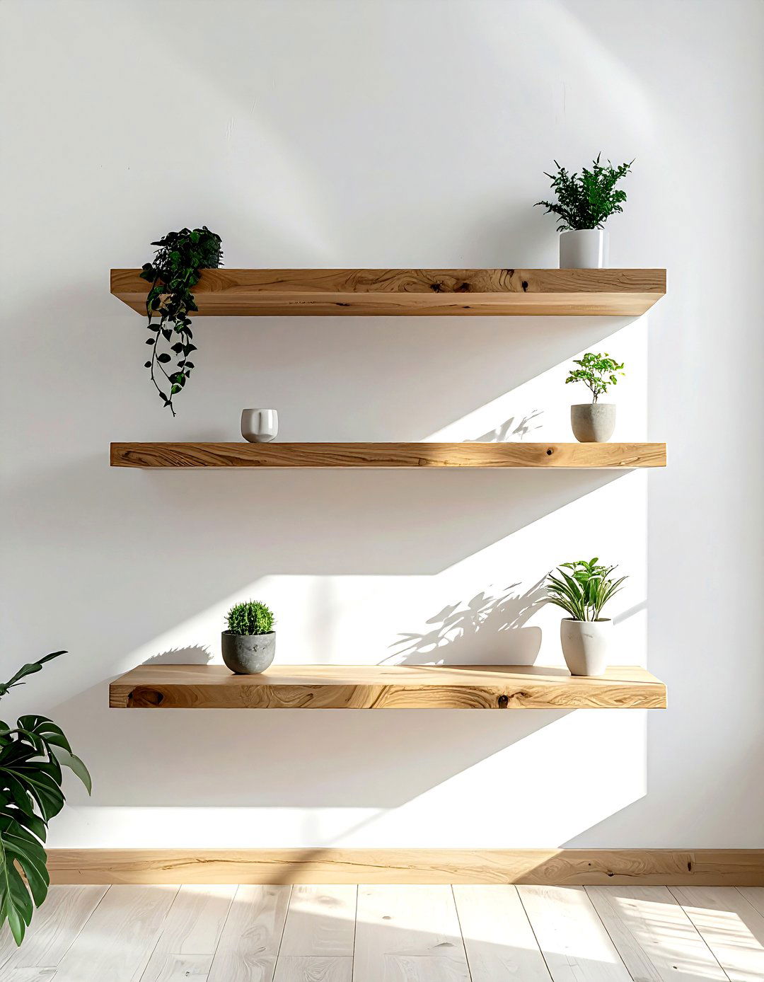Floating Wood Shelves - 30 soft minimalist living room ideas