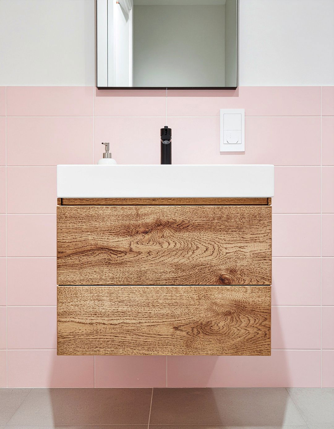 Floating Wood Vanity - 30 millennial pink bathroom ideas