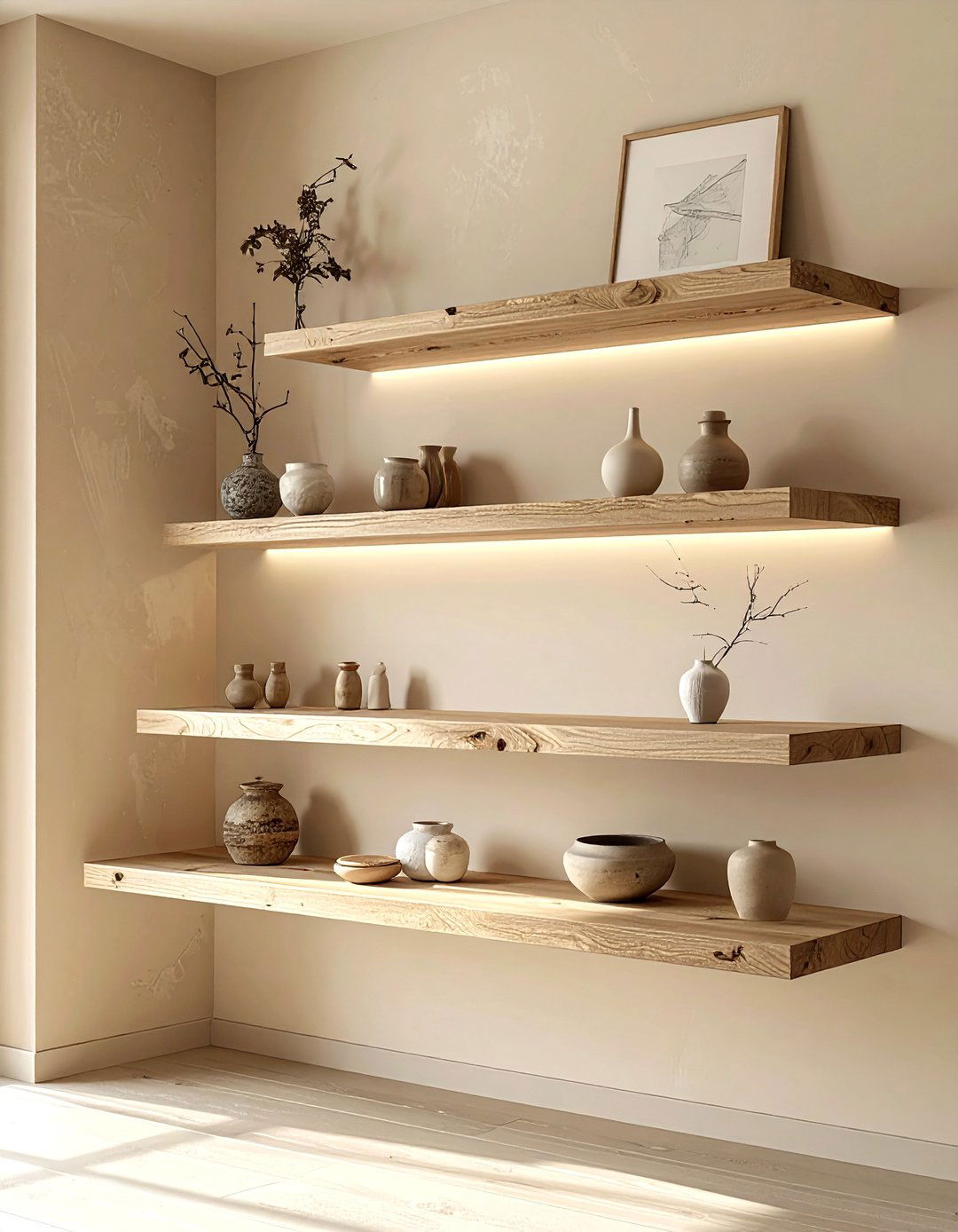 Floating Wooden Shelves - 30 beige bedroom accessories ideas