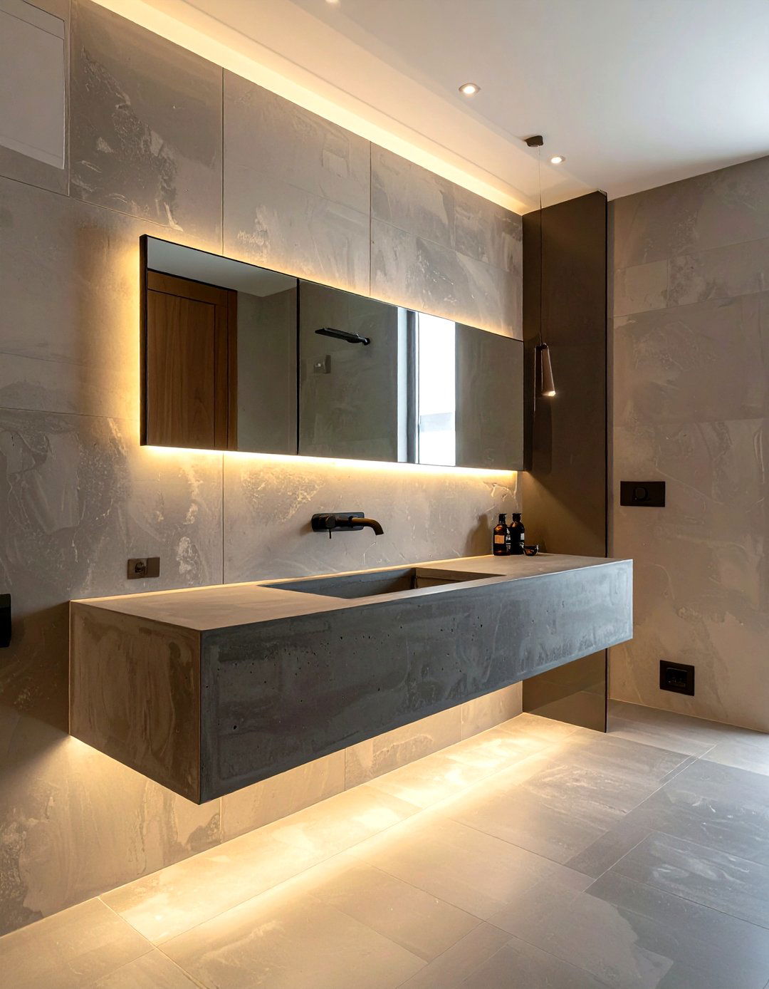 Floating concrete counter - 30 concrete countertop bathroom ideas