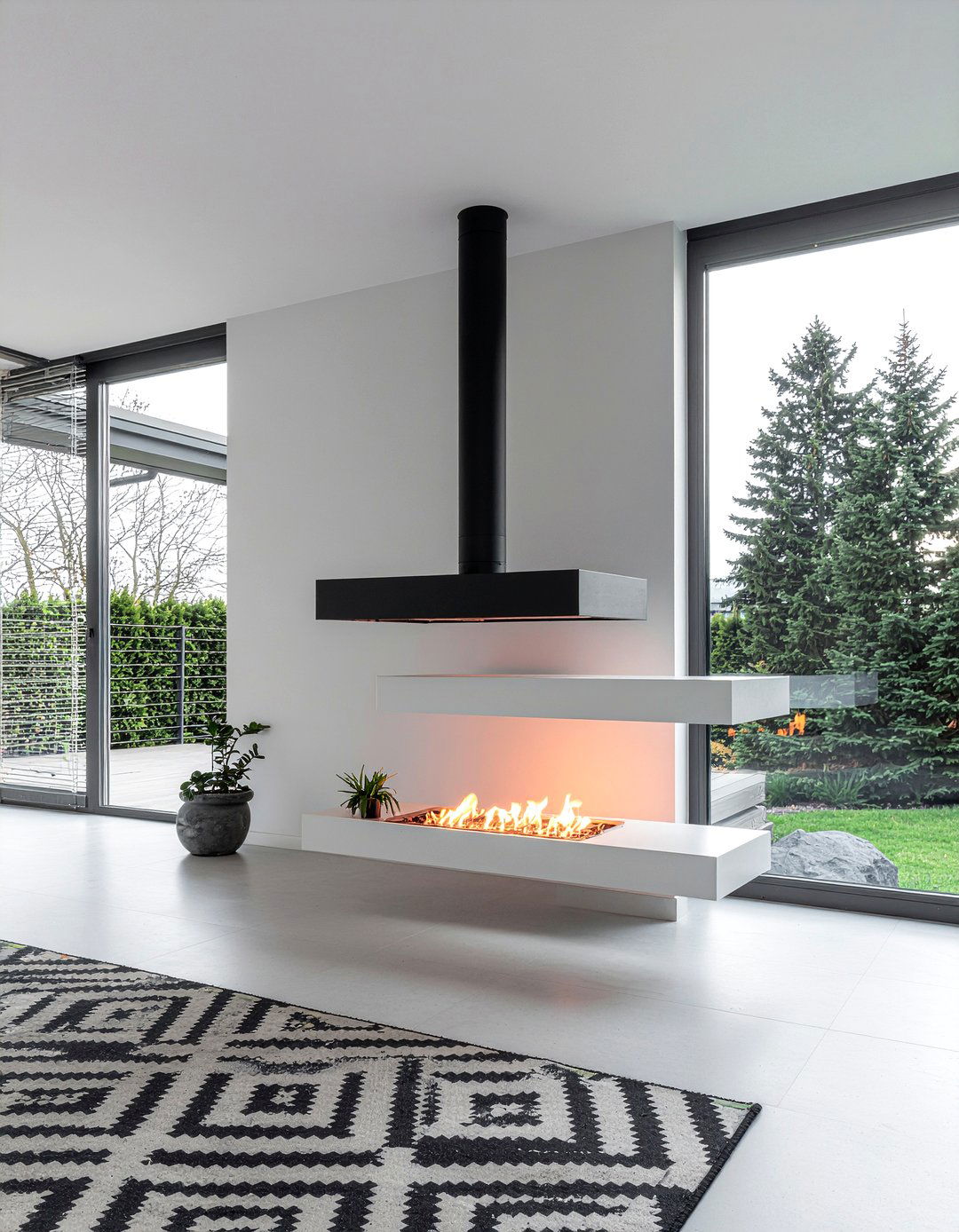 Floating double sided fireplace - 30 living room double sided fireplace ideas