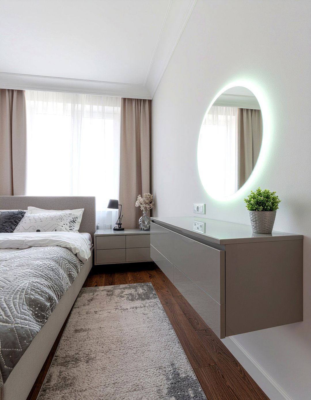 Floating dresser with backlit mirror - 30 bedroom dresser with mirror ideas