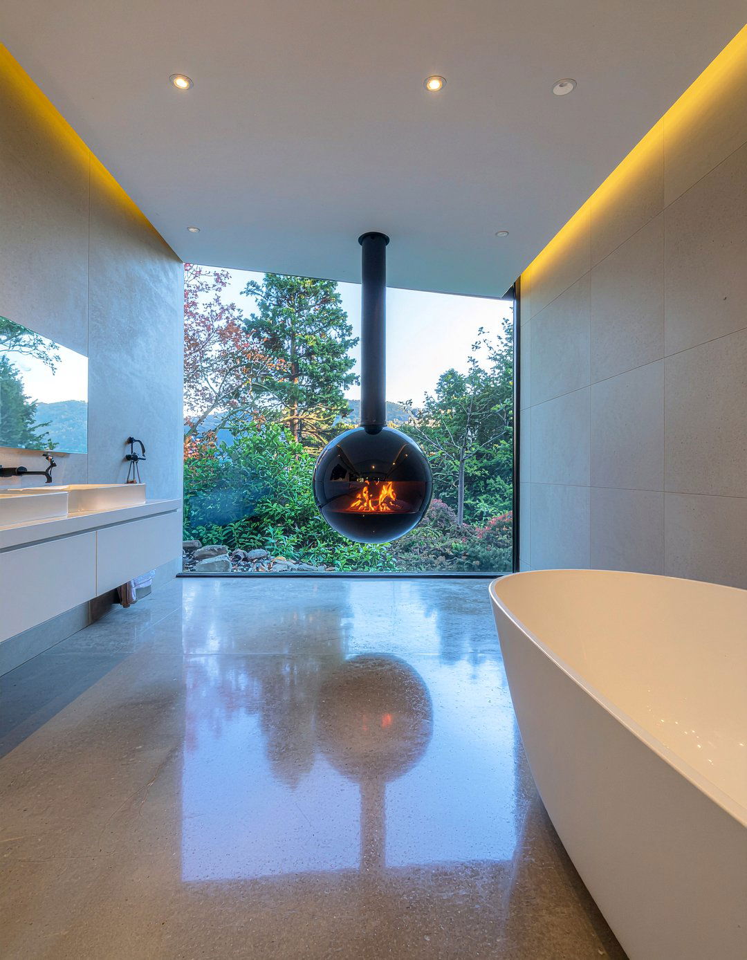 Floating fireplace bathroom - 30 bathroom fireplace ideas