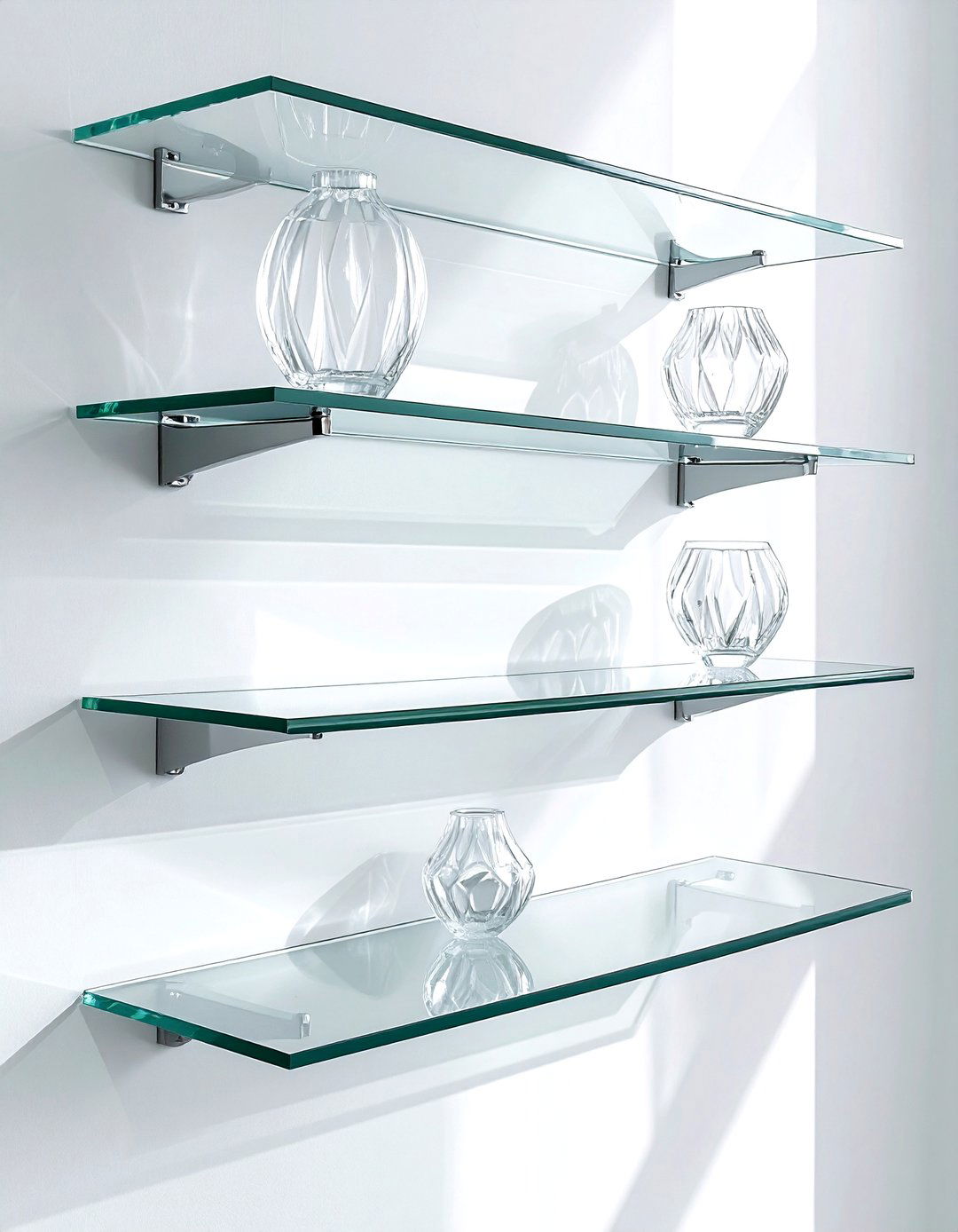 Floating glass shelves - 30 living room overhead storage ideas