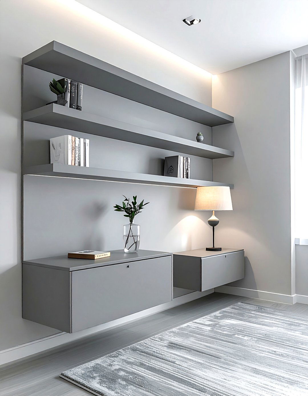 Floating grey bedside tables - 30 contemporary grey bedroom ideas
