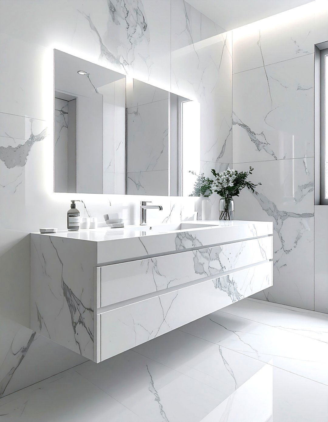 Floating marble bathroom vanity - 30 Statuario marble bathroom ideas