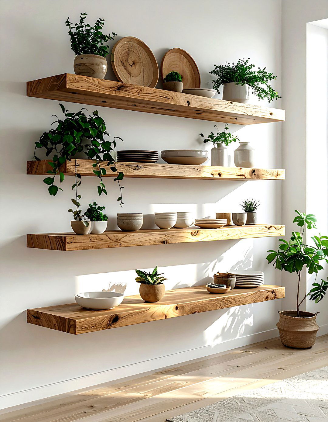 Floating oak shelf - 30 dining room wall shelving ideas