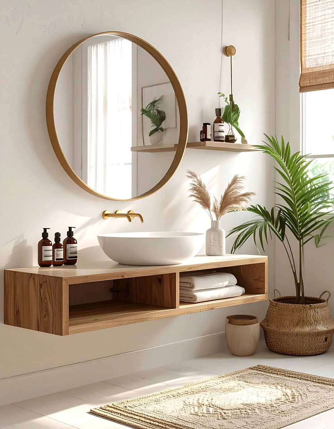 Floating oval mirror with shelf - 30 oval bathroom mirror ideas