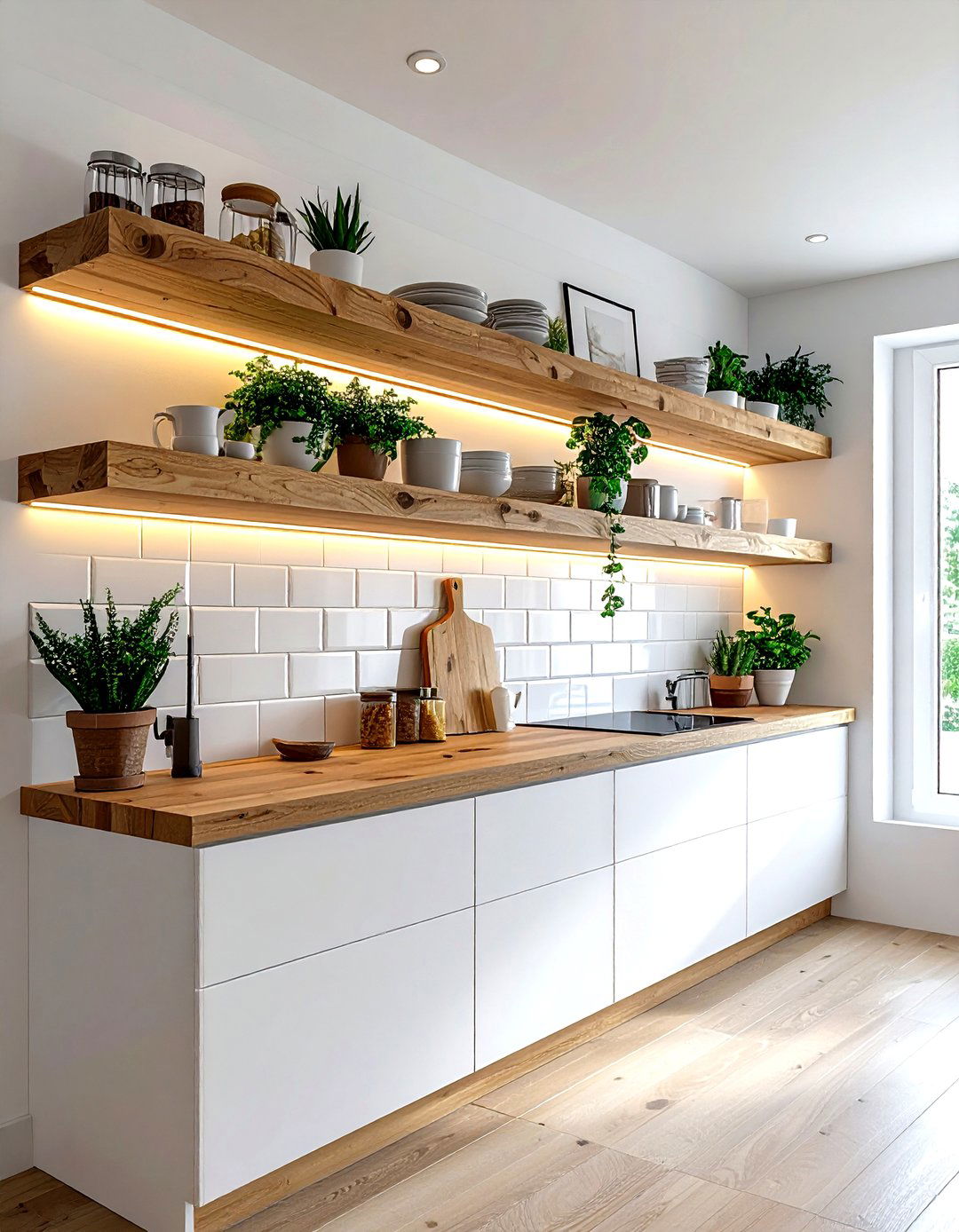 Floating shelf integrated lighting - 30 kitchen LED lighting ideas