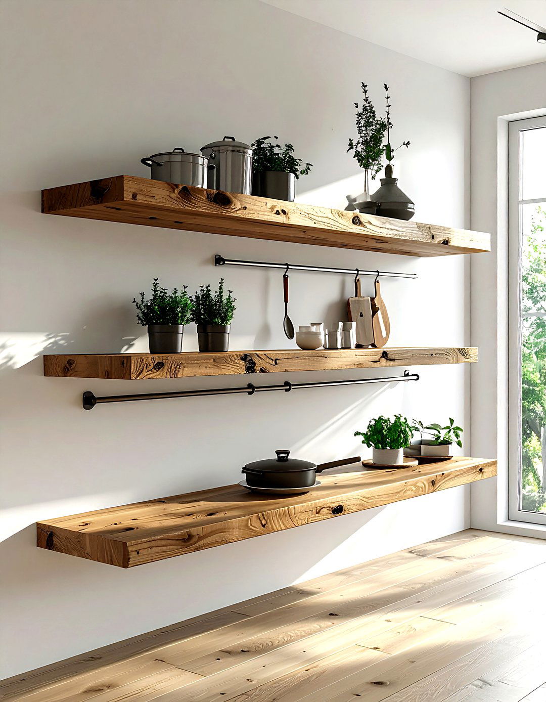 Floating shelf pot rack - 30 kitchen pot rack ideas