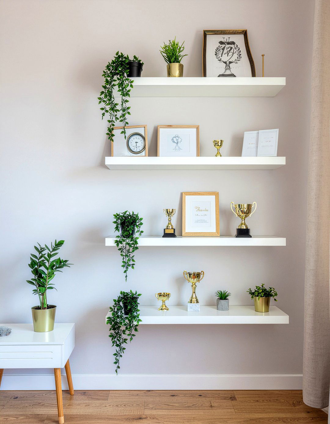 Floating shelf trophy wall - 30 bedroom award display ideas