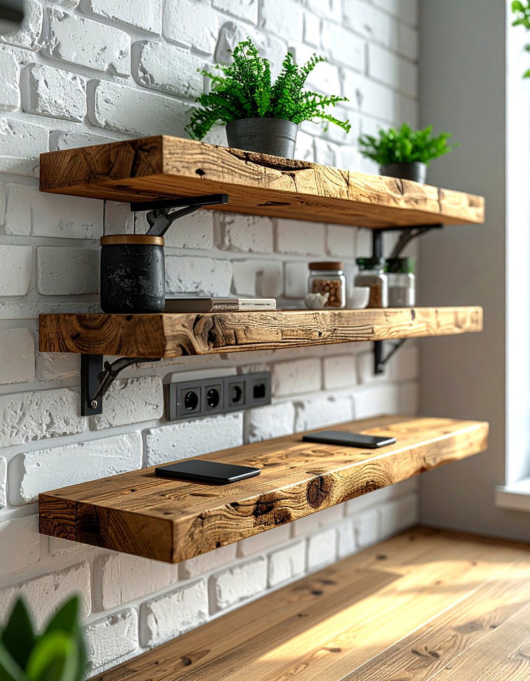 Floating shelf with USB ports - 30 kitchen charging station ideas