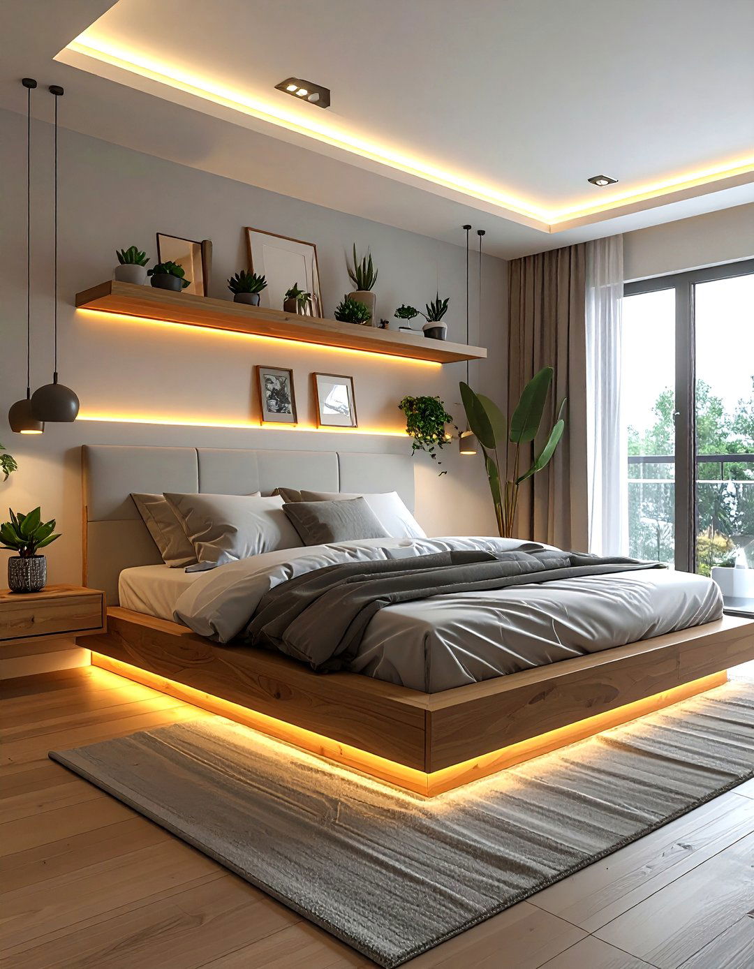 Floating shelf with integrated lights - 30 bedroom ambient lighting ideas