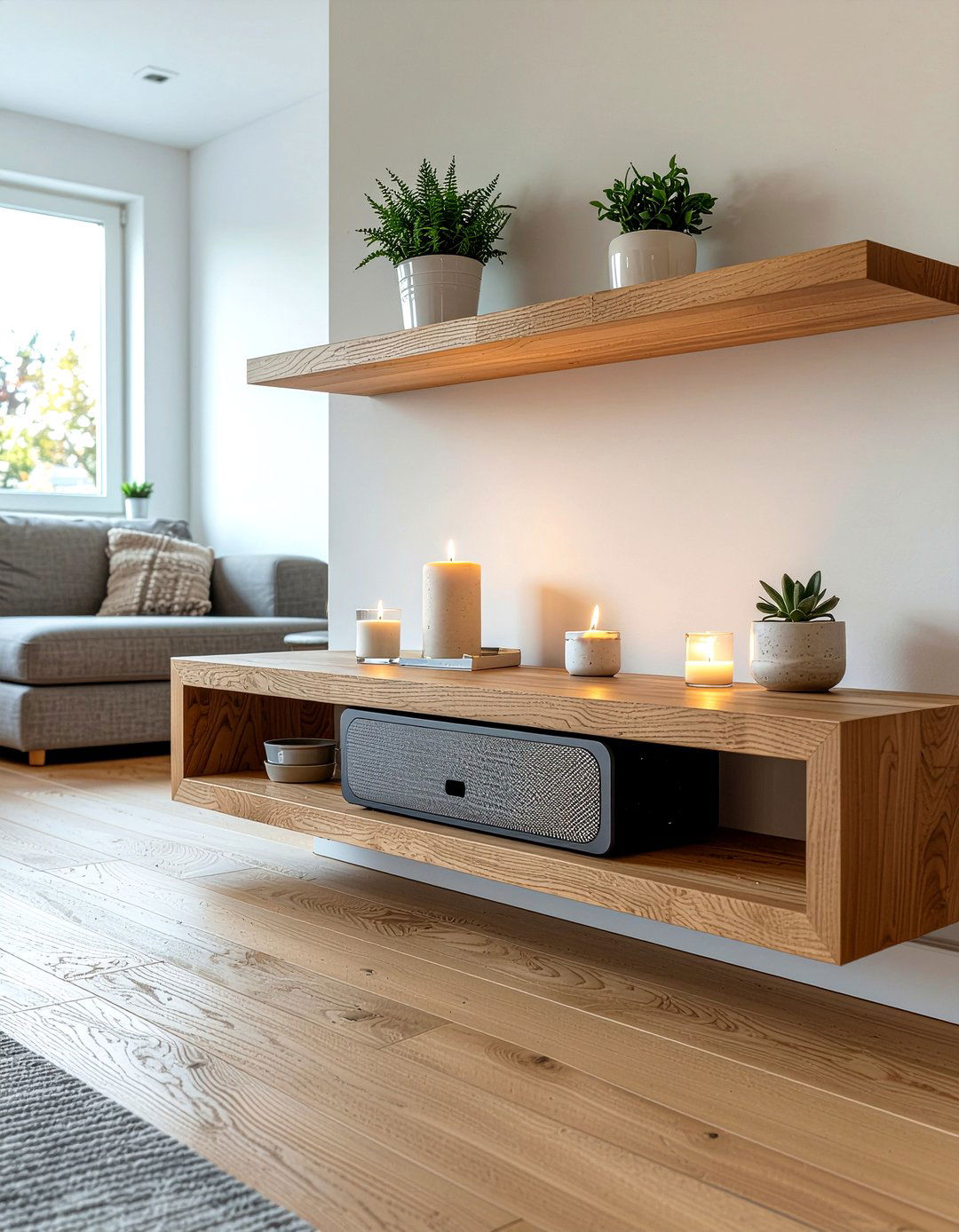 Floating shelf with integrated speaker - 30 bathroom sound system ideas