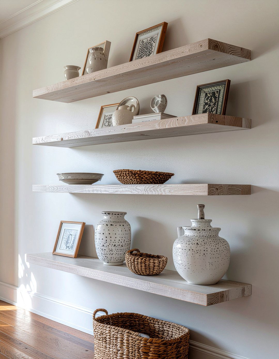 Floating shelves for breakables - 30 kid friendly living room ideas