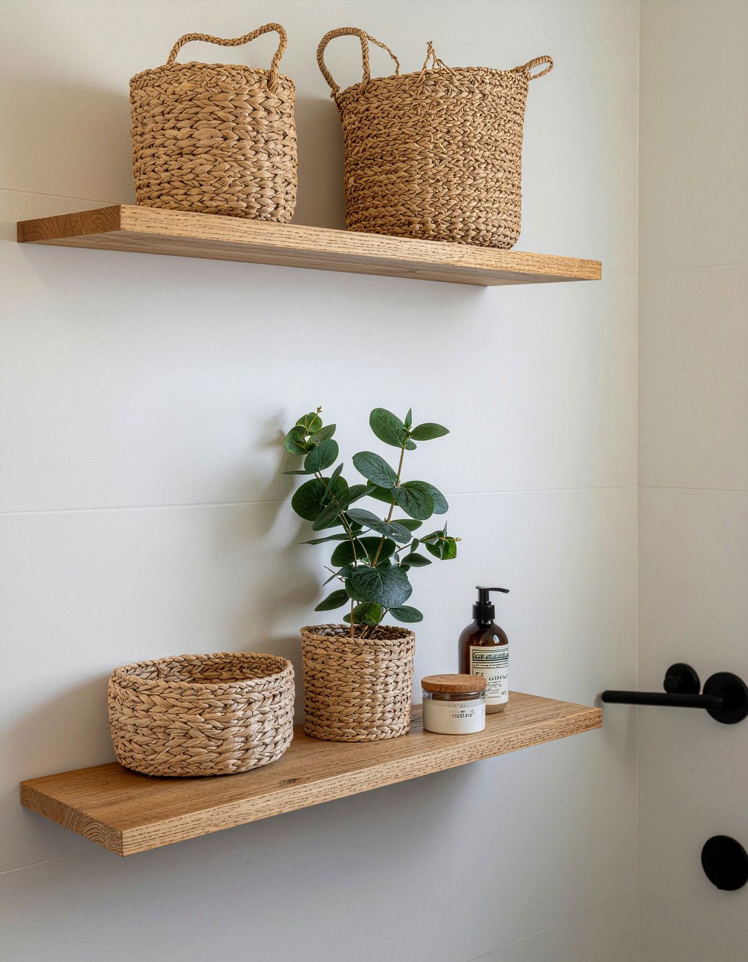 Floating shelves with woven baskets - 30 bathroom layering ideas