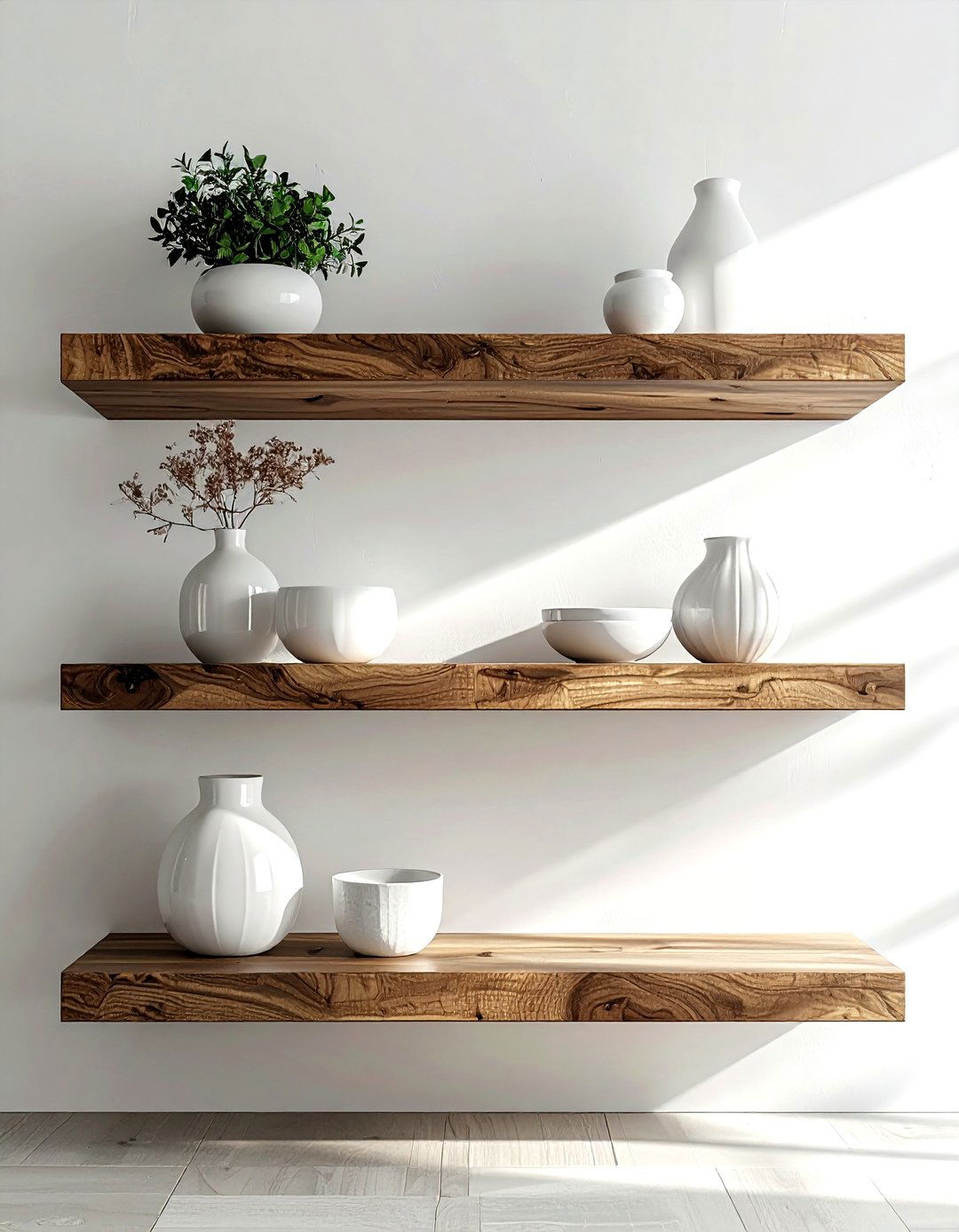 Floating timber shelves - 30 white kitchen decor ideas