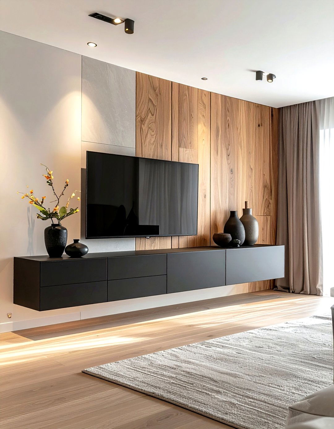 Floating tv console with paneling - 30 living room flat panel ideas