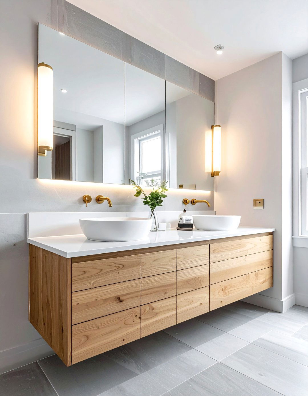 Floating vanity with double sinks - 30 show home bathroom ideas