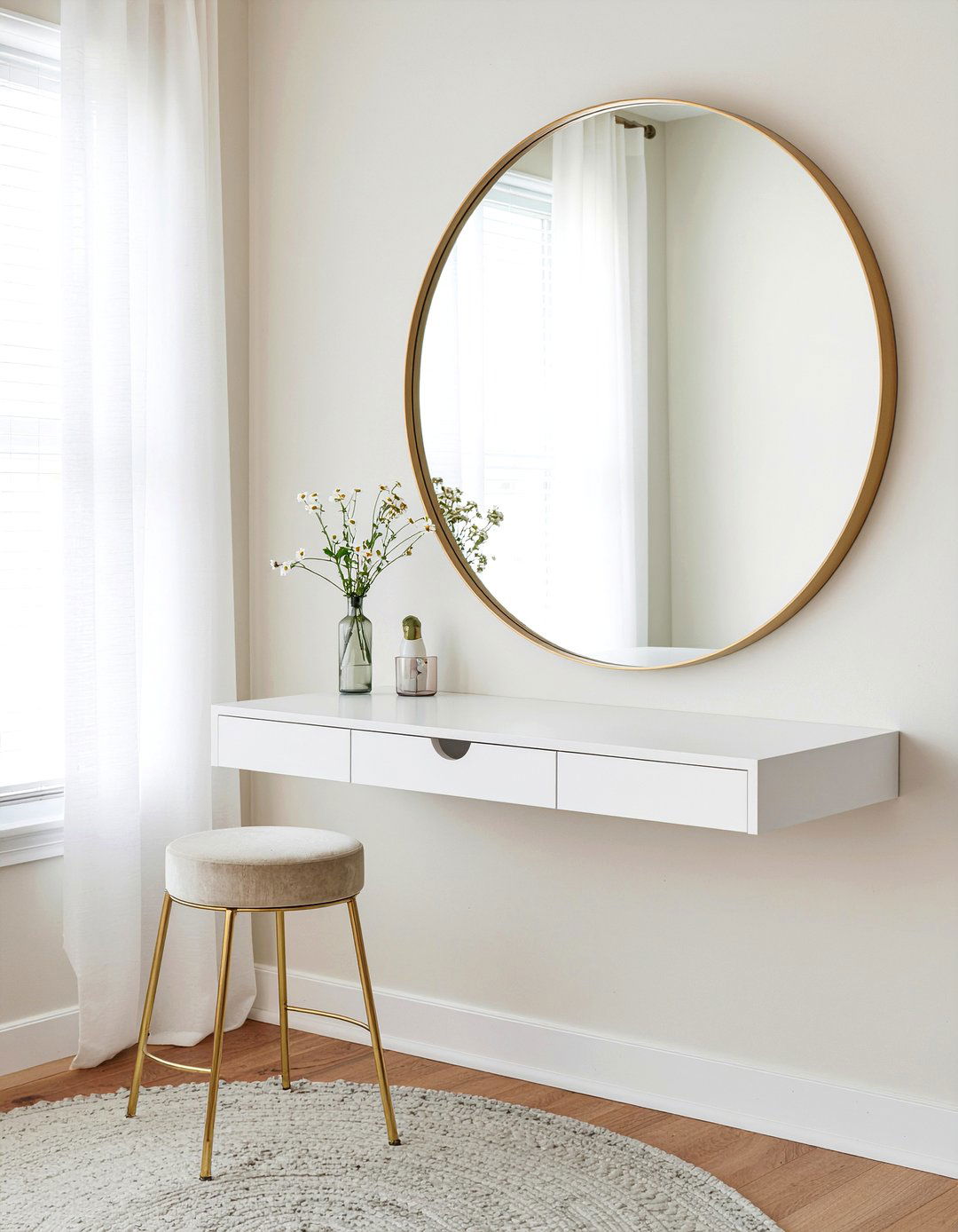Floating vanity with round mirror - 30 bedroom floating vanity ideas
