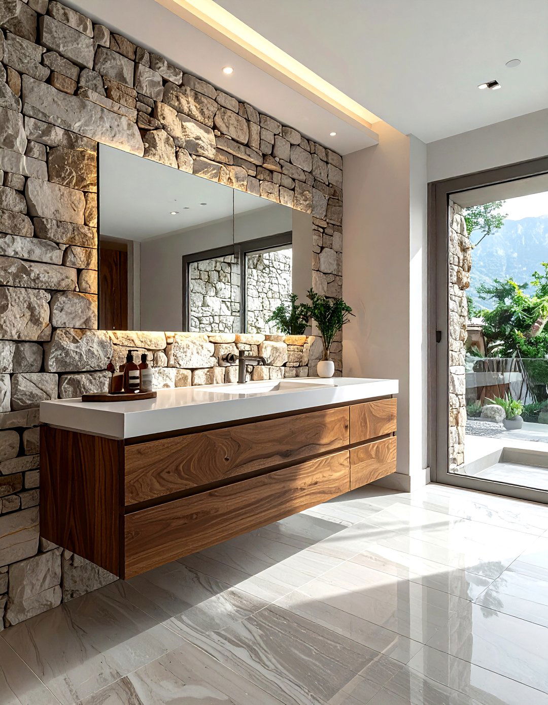 Floating vanity with stacked stone background - 30 stacked stone bathroom ideas