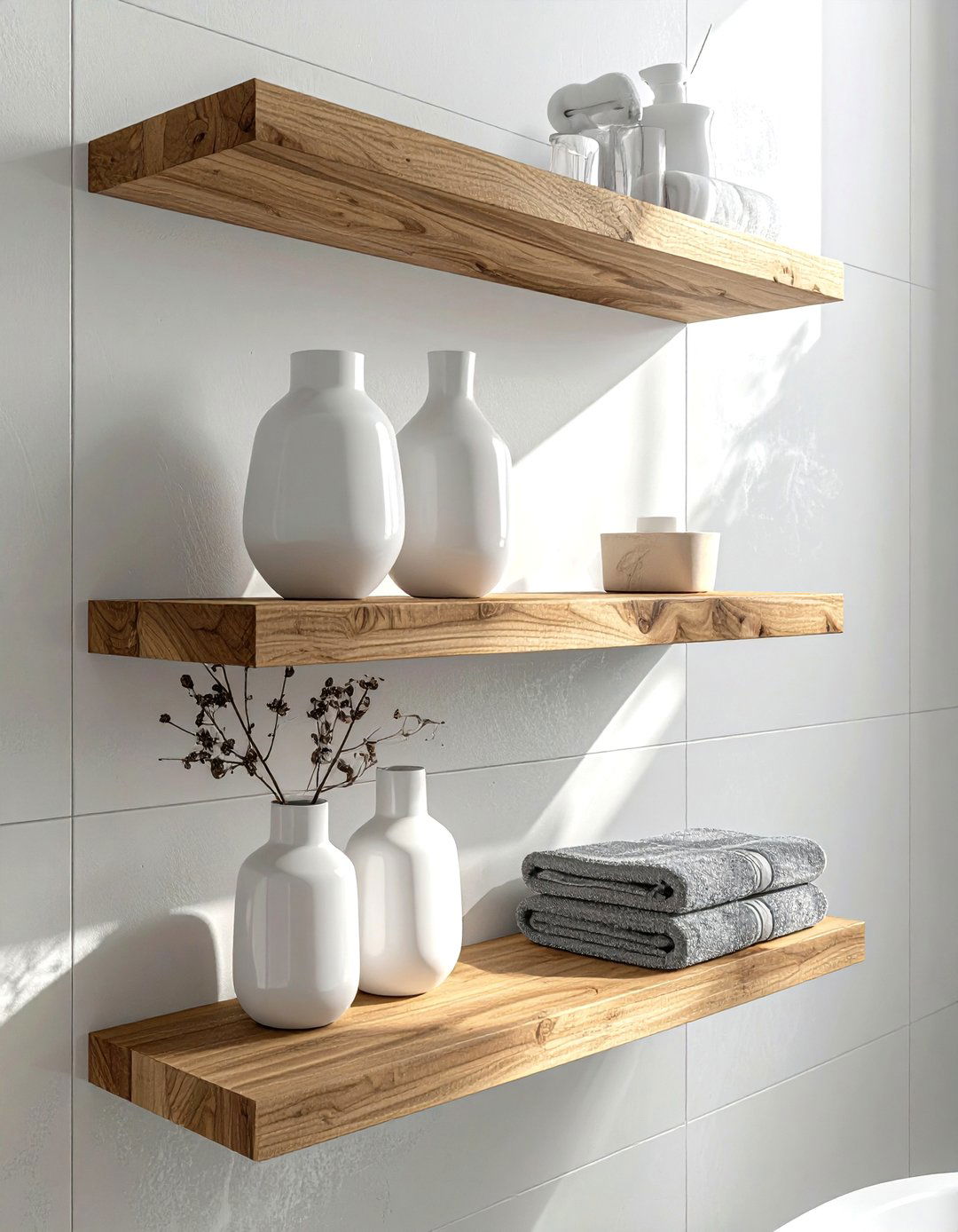 Floating wall shelf arrangement - 30 bathroom storage solutions
