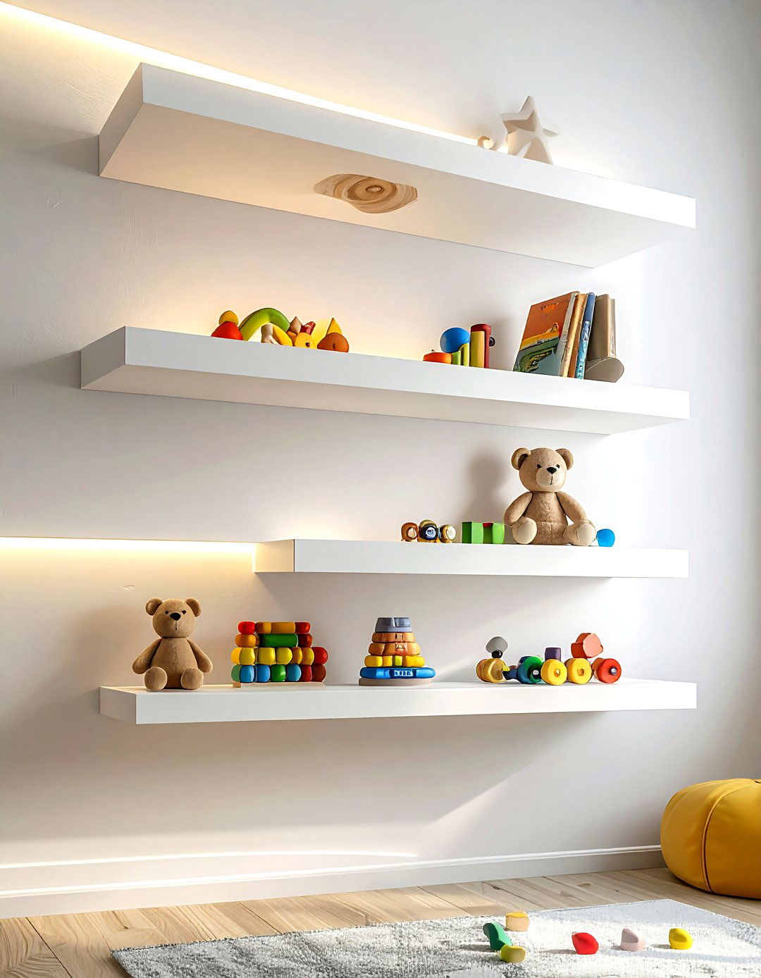 Floating wall shelves for toys - 30 living room toy storage ideas