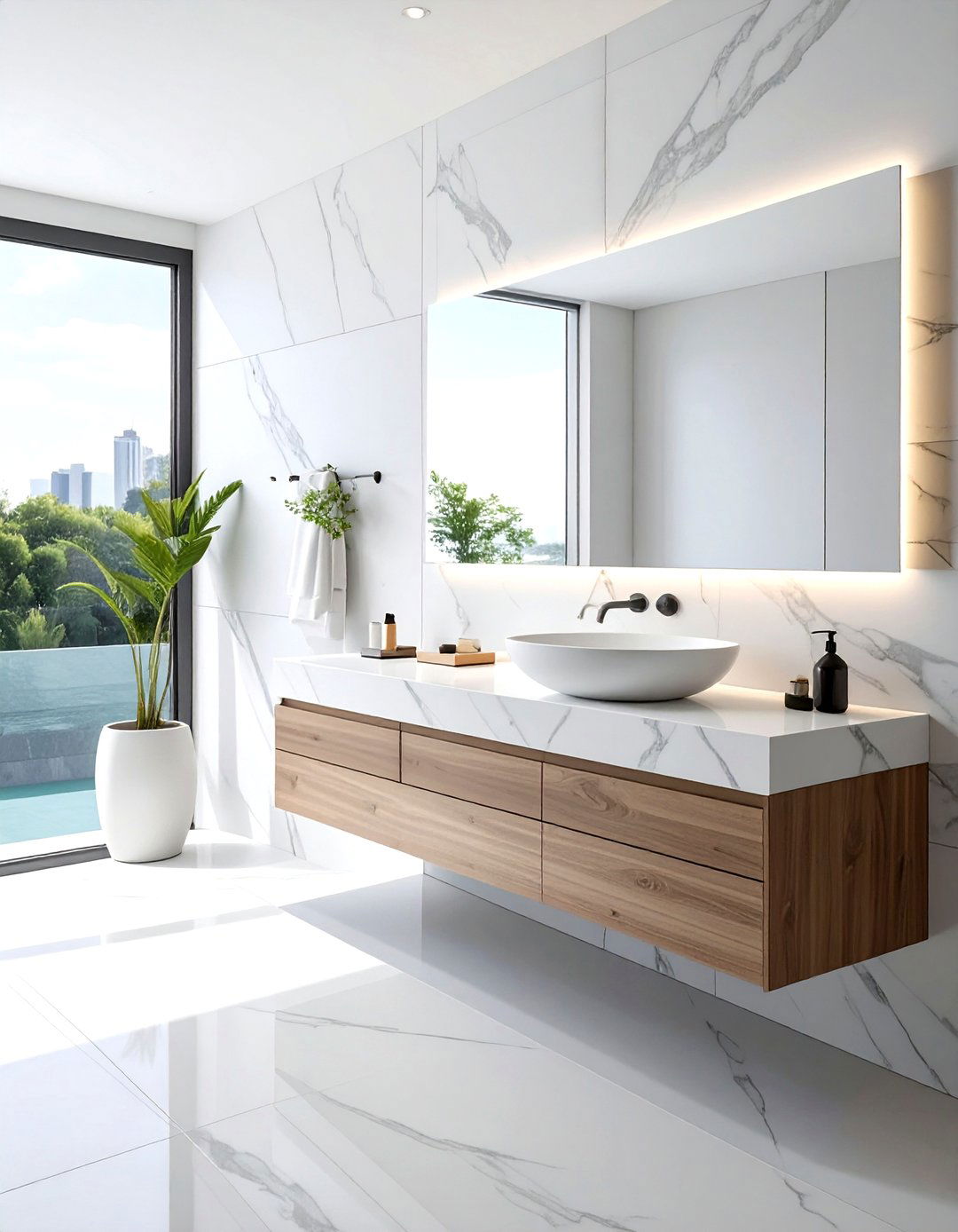 Floating white marble vanity - 30 white marble bathroom ideas