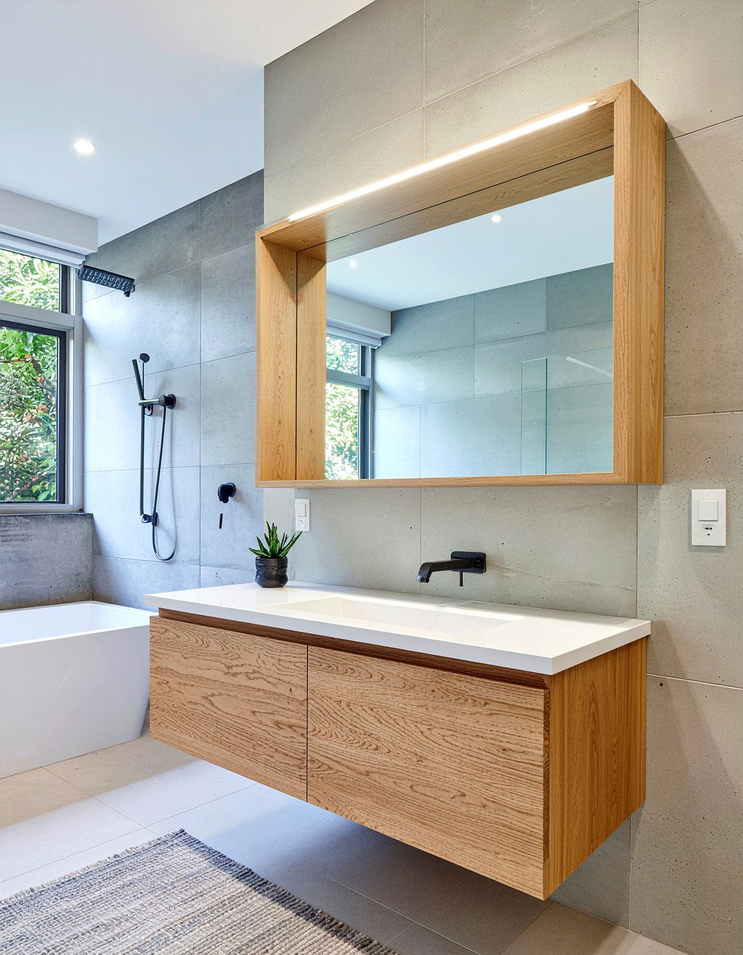 Floating wood frame mirror - 30 framed bathroom mirror ideas