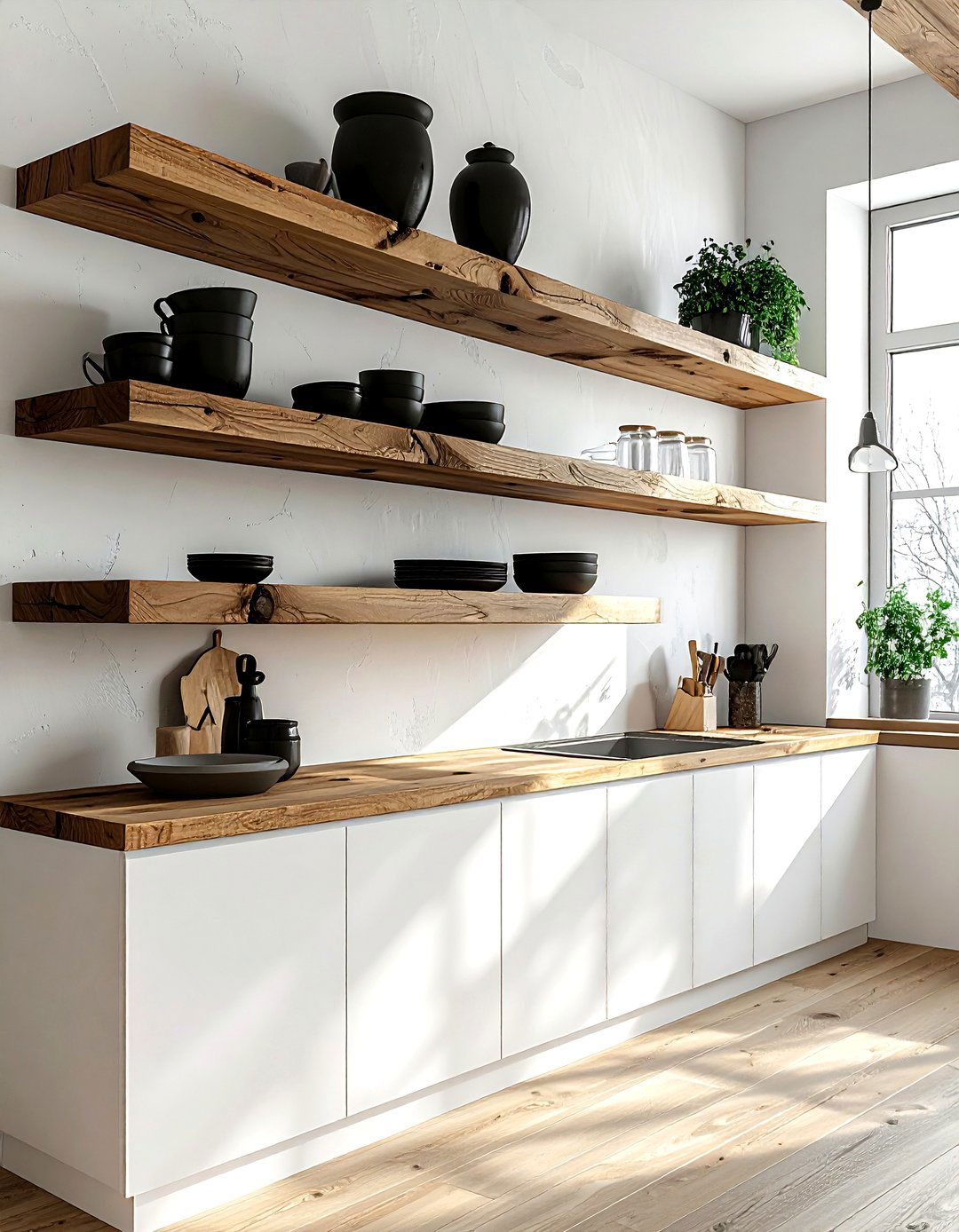 Floating wood kitchen shelves - 30 urban industrial kitchen ideas