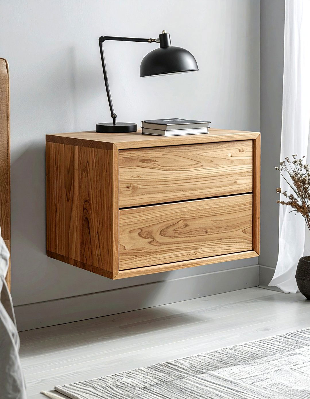 Floating wood nightstand - 30 scandinavian grey bedroom ideas