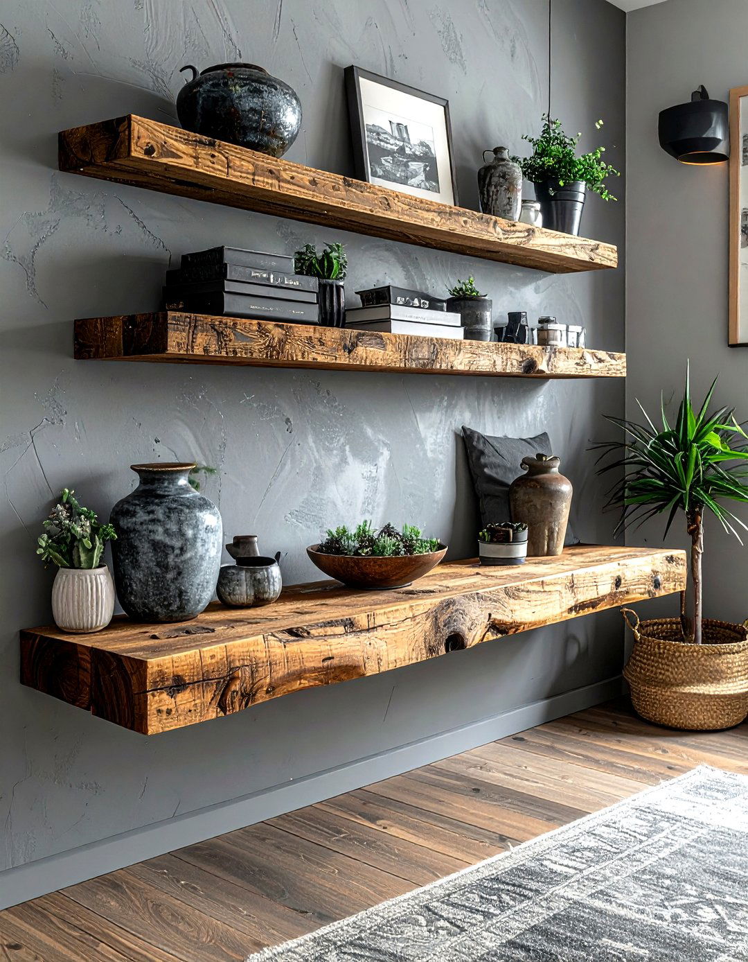 Floating wood shelf - 30 industrial grey bedroom ideas