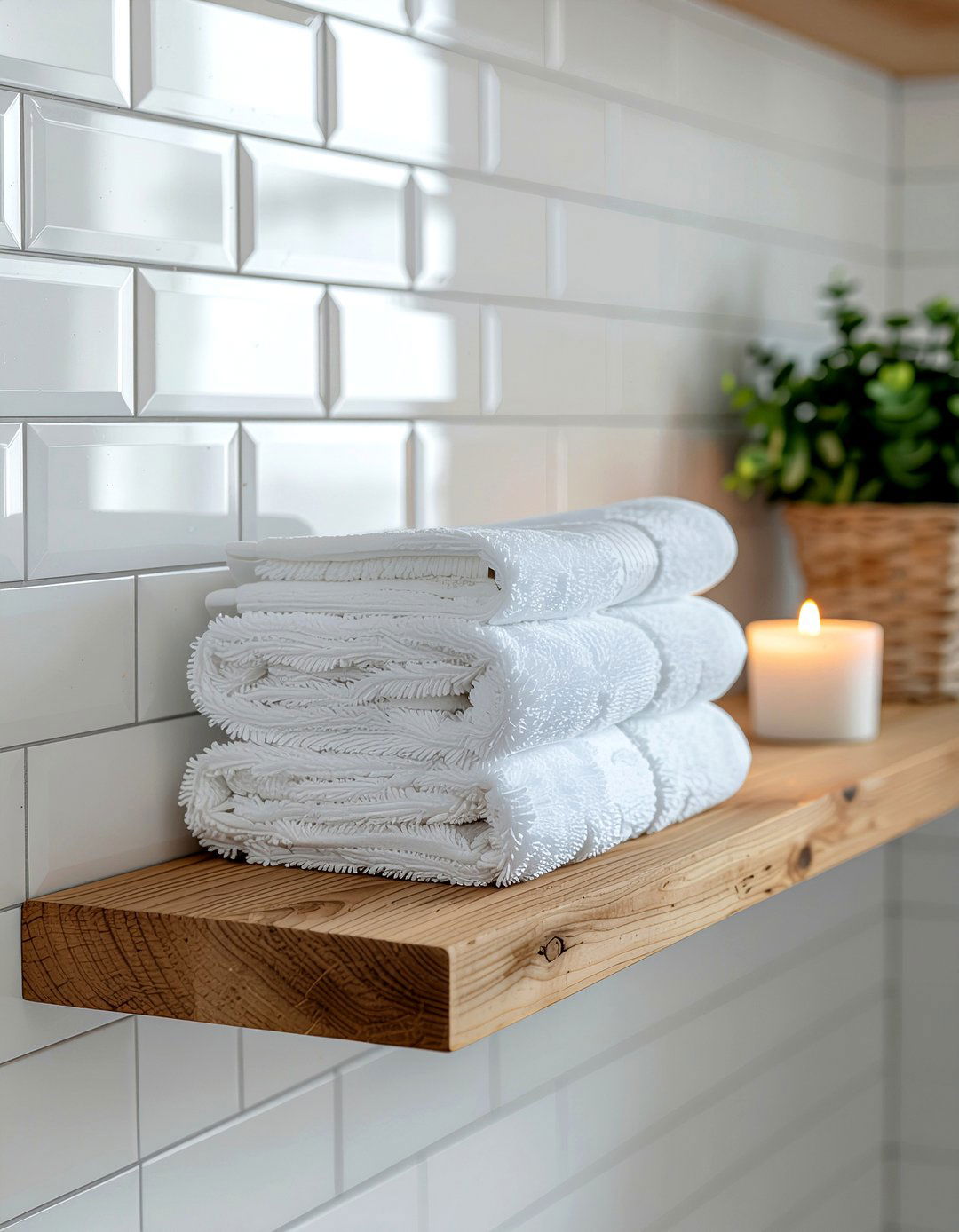 Floating wood shelf - 30 bathroom glow-up ideas