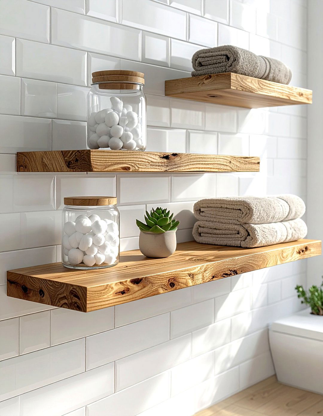 Floating wood shelf - 30 bathroom overhead storage ideas