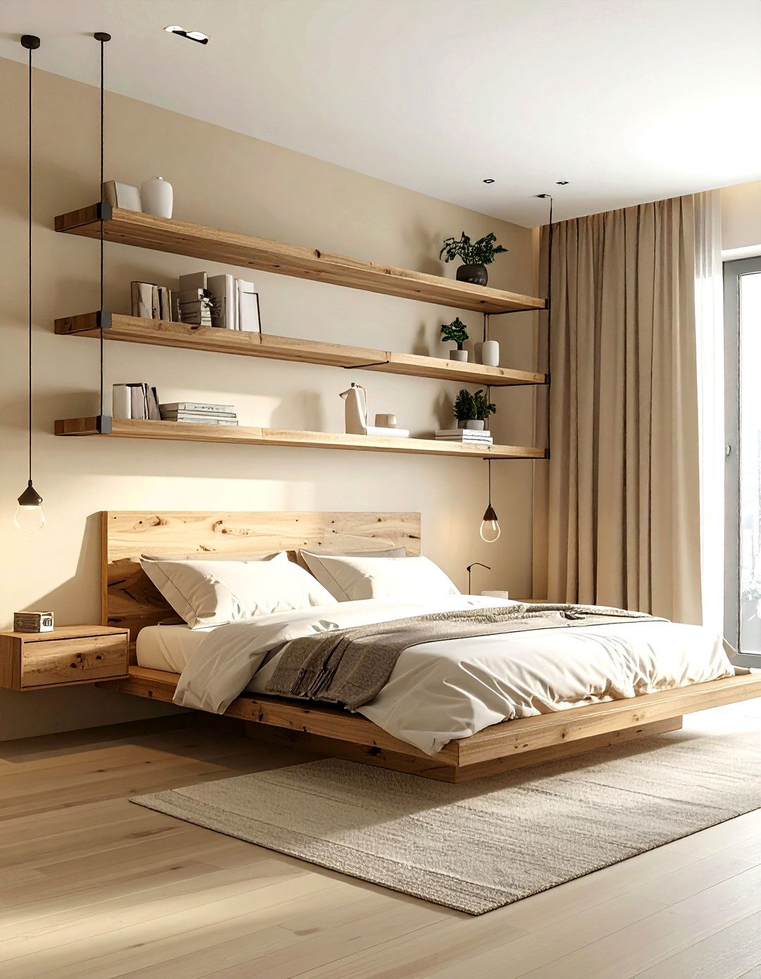Floating wood shelf beige bedroom - 30 industrial beige bedroom ideas