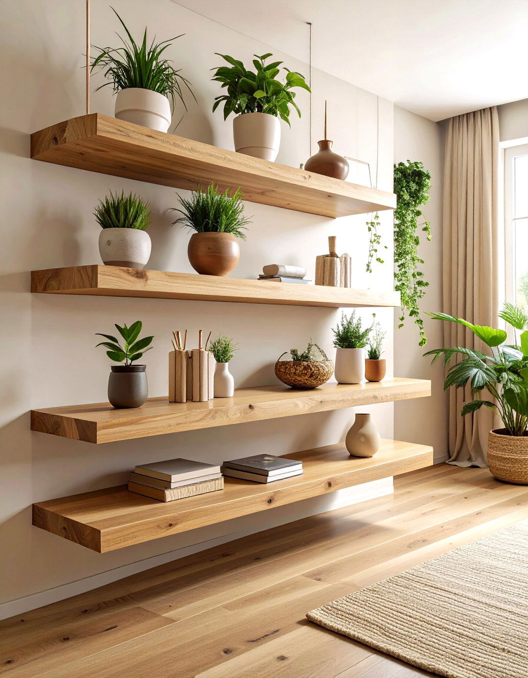 Floating wood shelf living room - 30 bohemian beige living room ideas