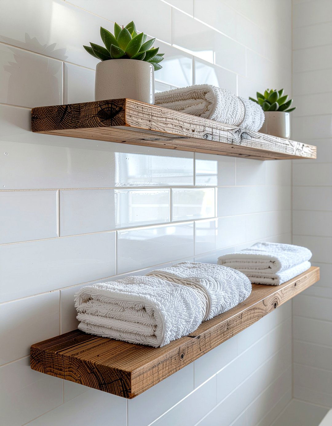 Floating wood shelves - 30 bathroom towel ideas
