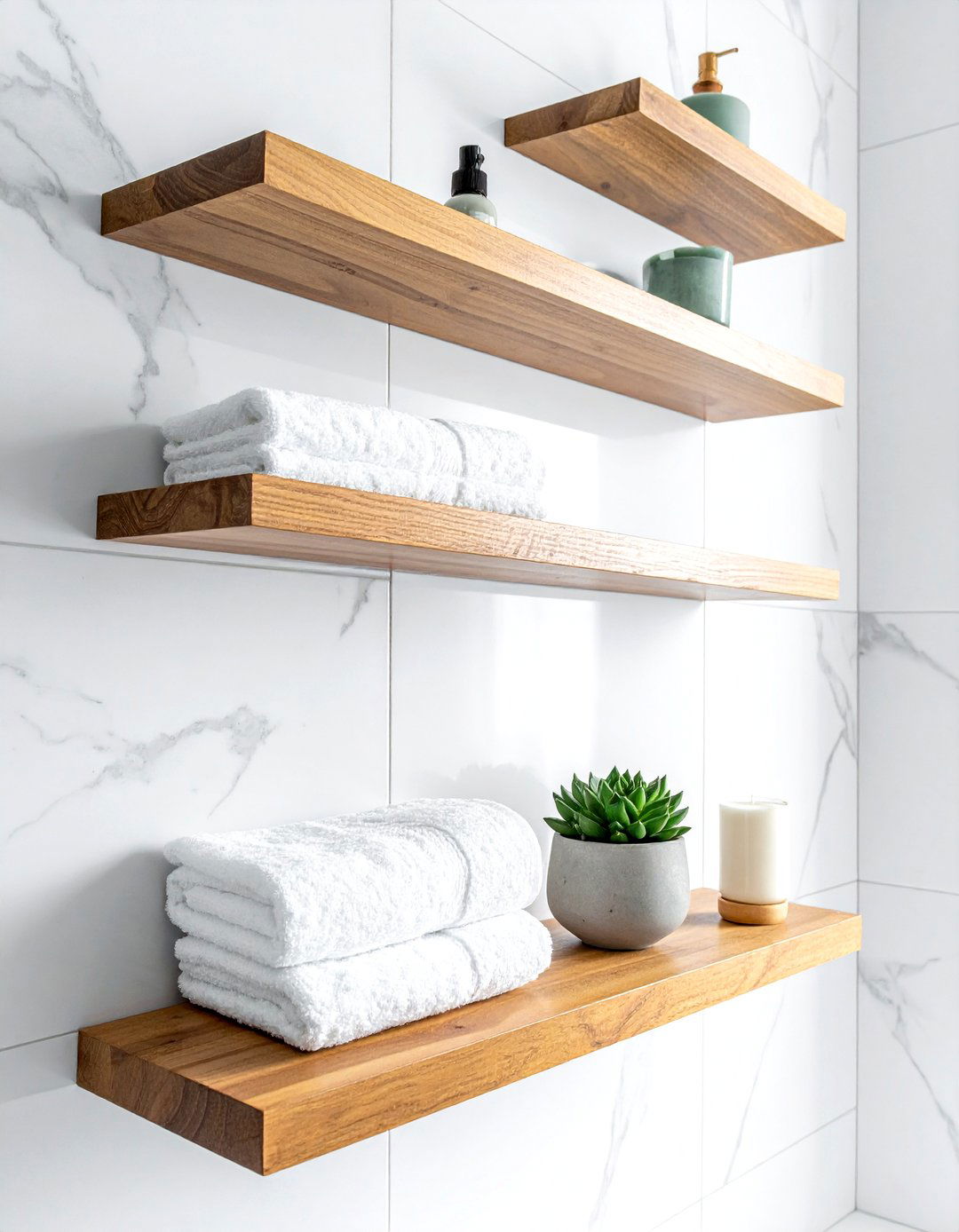 Floating wood shelves - 30 bathroom wall decor ideas